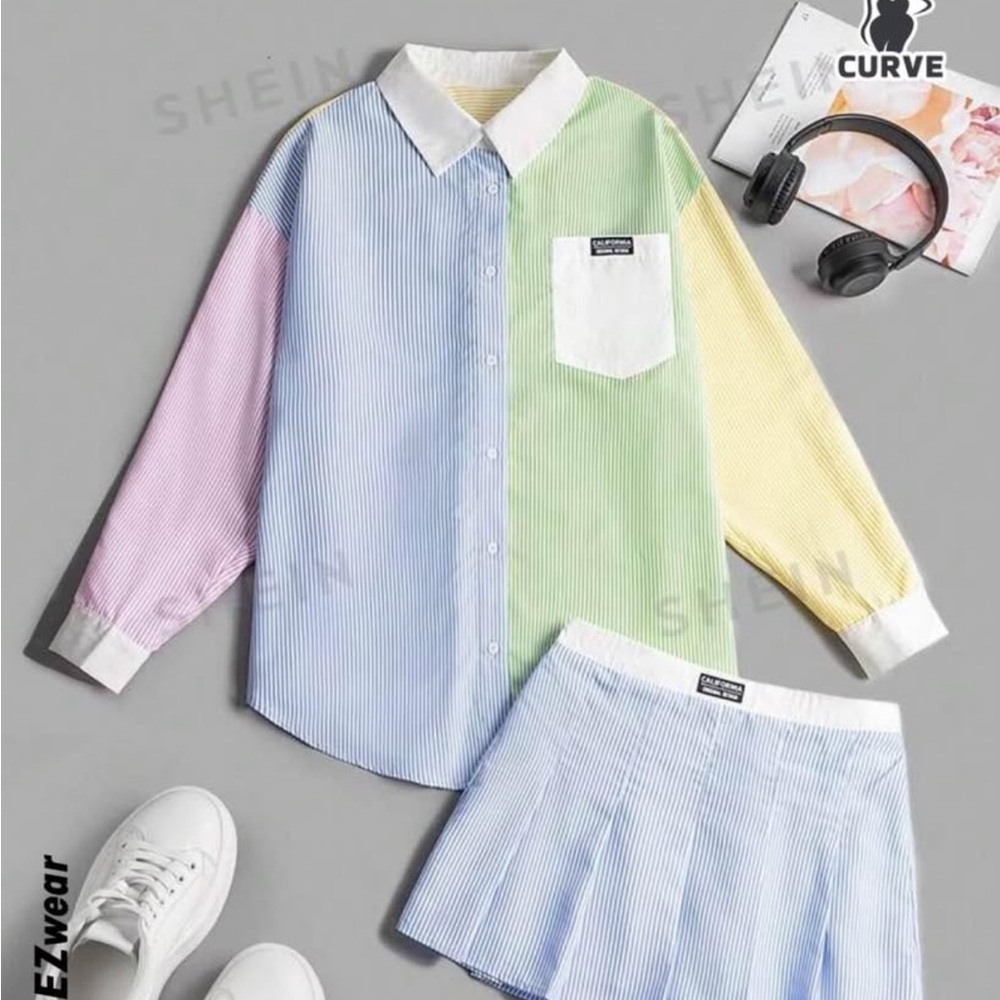 SHEIN Pastel Colorblock Shirt and Skirt Set